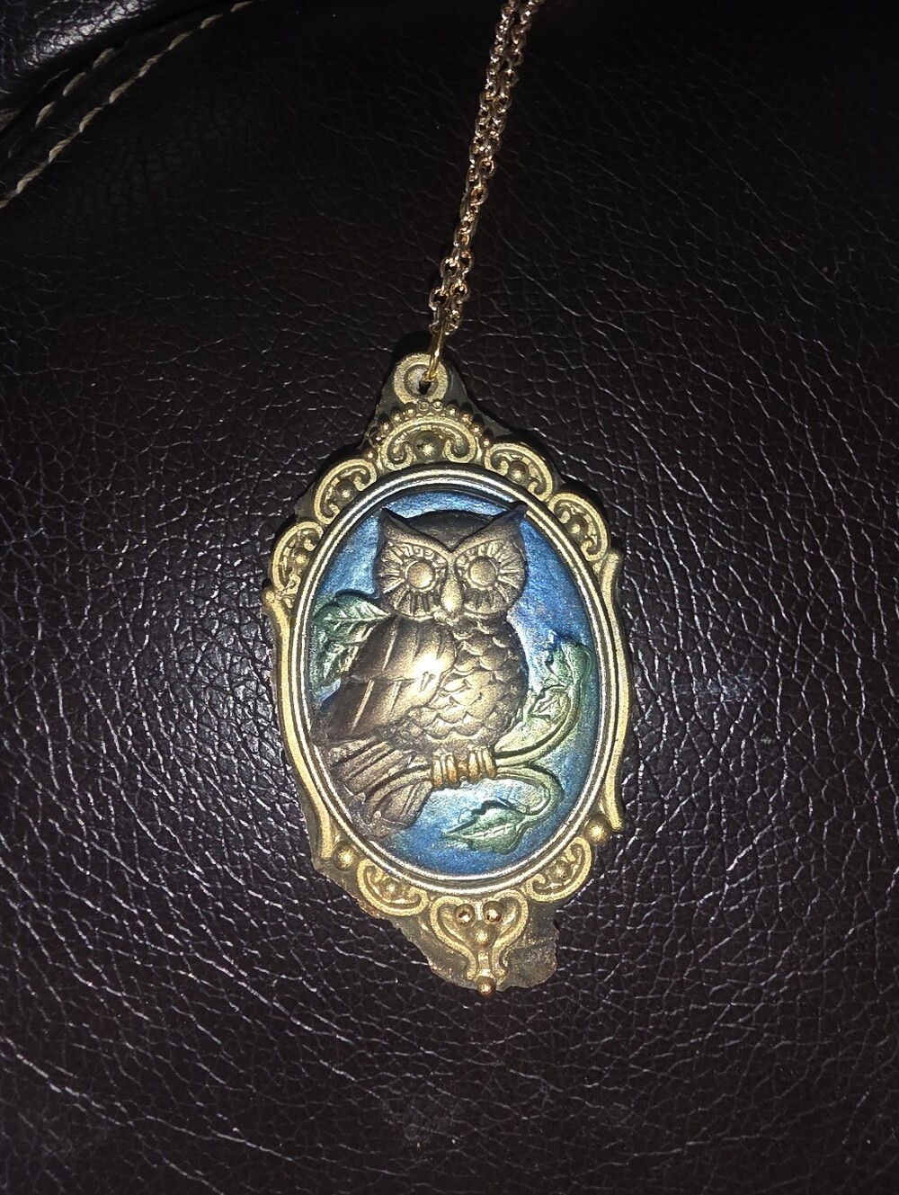 Resin Owl Pendant Gold Tone In Deep Blue Sky On Gold Tone 18" Necklace